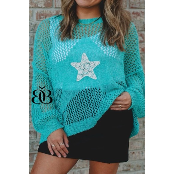POL Sweaters - POL Blue Oversized Open Knit Sweater with Center Star Patch